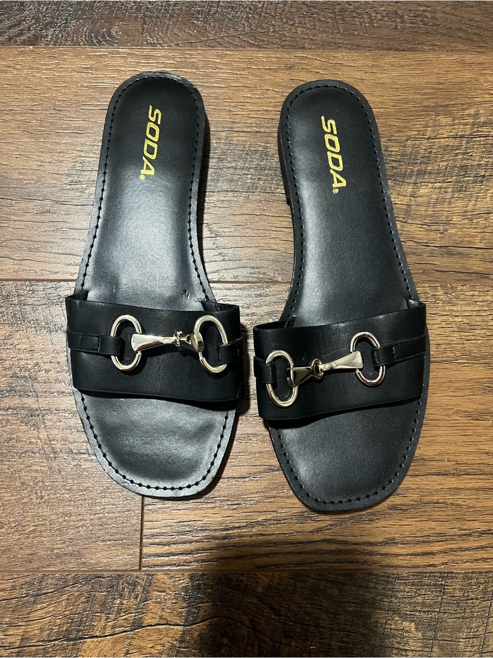 Soda Black Slide Sandals with Gold Buckle Detail